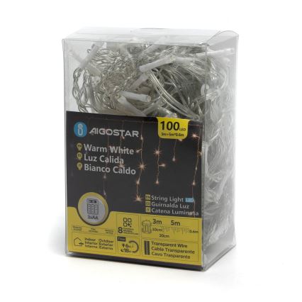 Aigostar-LED Zewnętrzny łańcuch bożonarodzeniowy 100xLED/8 funkcji 3xAA 8x0,6m IP44 ciepła biel