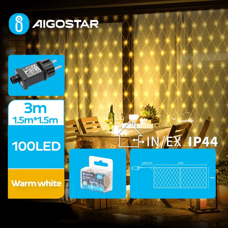 Aigostar - LED Zewnętrzny łańcuch bożonarodzeniowy  100xLED/8 funkcji 4,5x1,5m IP44 ciepła biel