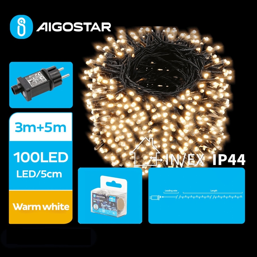Aigostar - LED Zewnętrzny łańcuch bożonarodzeniowy 100xLED/8 funkcji 8m IP44 ciepła biel