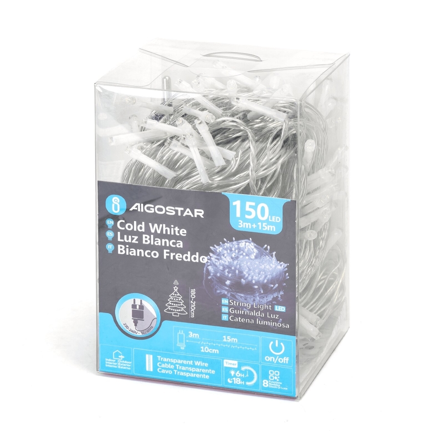 Aigostar - LED Zewnętrzny łańcuch bożonarodzeniowy 150xLED/8 funkcji 18m IP44 zimna biel
