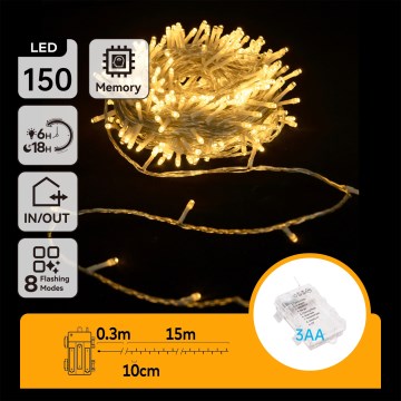 Aigostar -LED Zewnętrzny łańcuch bożonarodzeniowy 150xLED/8 funkcji 3xAA 15,3m IP44 ciepła biała