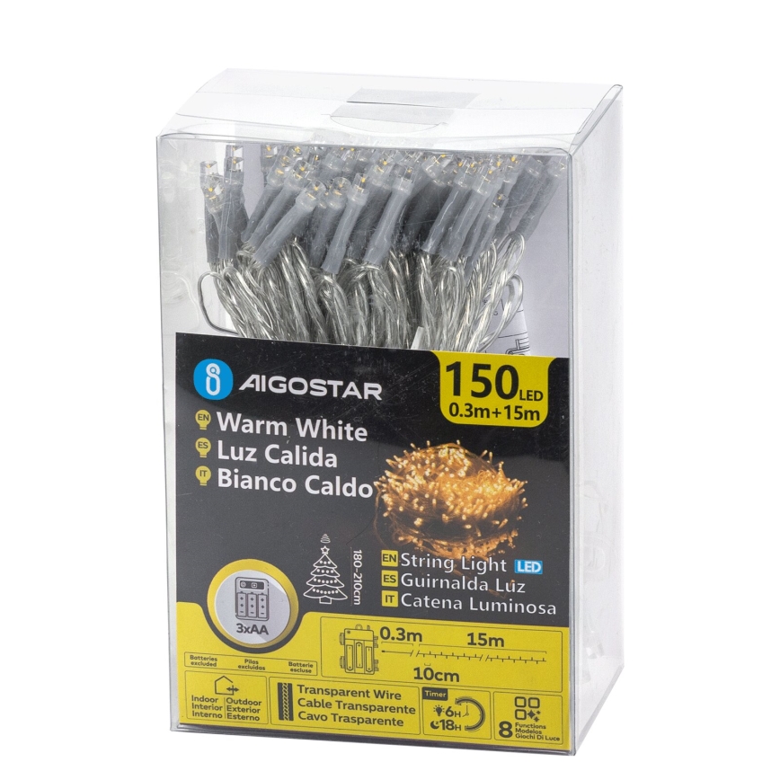 Aigostar -LED Zewnętrzny łańcuch bożonarodzeniowy 150xLED/8 funkcji 3xAA 15,3m IP44 ciepła biała