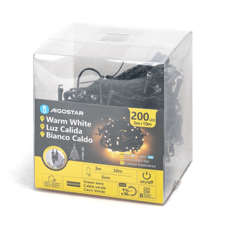 Aigostar - LED Zewnętrzny łańcuch bożonarodzeniowy 200xLED/8 funkcji 13m IP44 ciepła biel