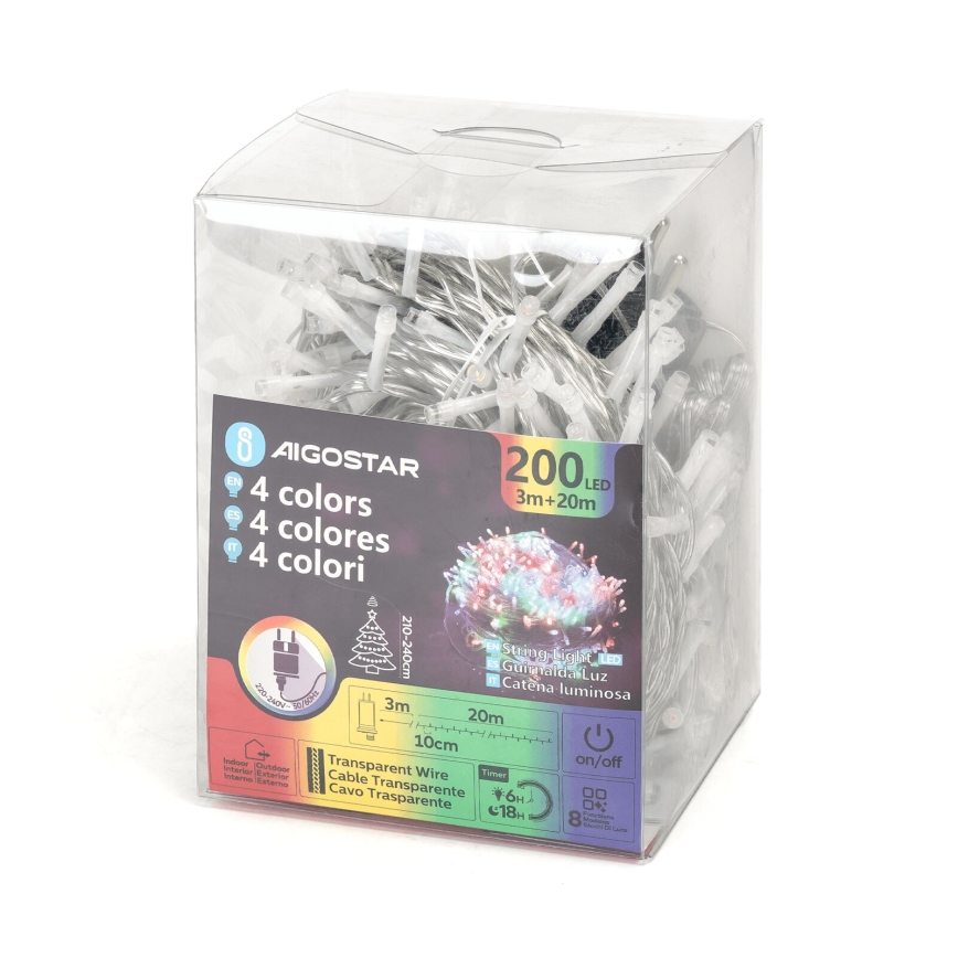 Aigostar - LED Zewnętrzny łańcuch bożonarodzeniowy 200xLED/8 funkcji 23m IP44 wielobarwny