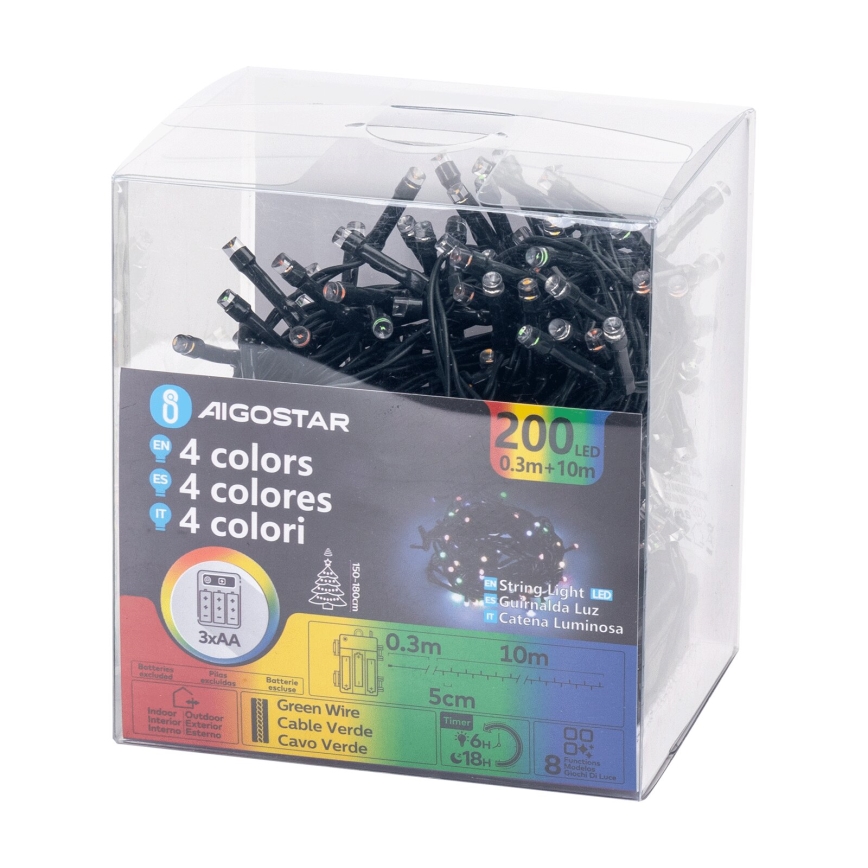Aigostar -LED Zewnętrzny łańcuch bożonarodzeniowy 200xLED/8 funkcji 3xAA 10,3m IP44 wielobarwny