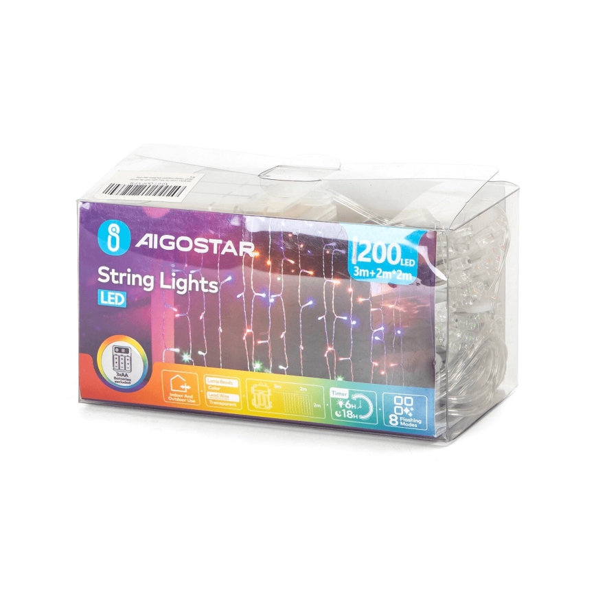 Aigostar - LED Zewnętrzny łańcuch bożonarodzeniowy 200xLED/8 funkcji 3xAA 5x2m IP44 wielobarwny
