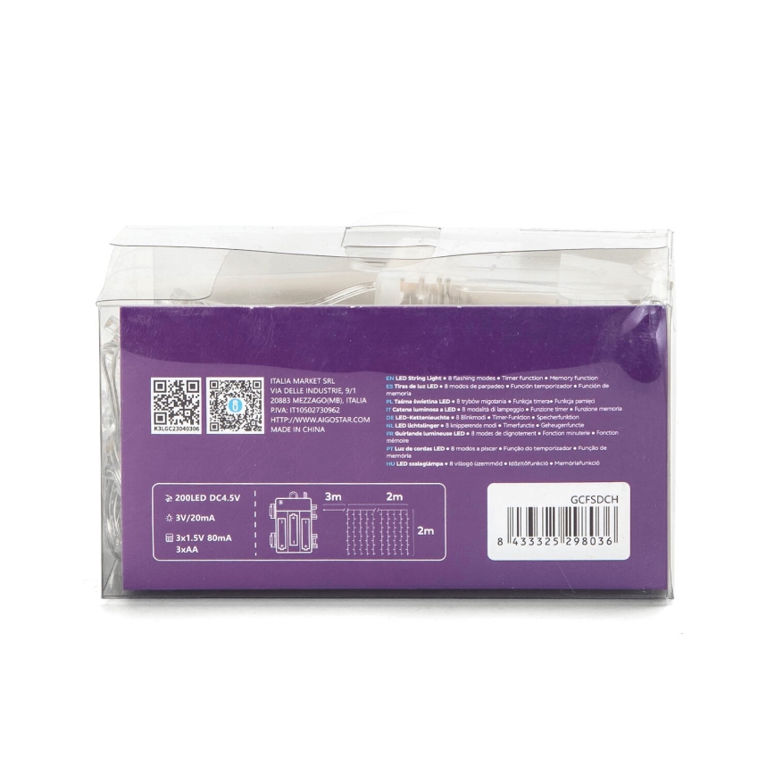 Aigostar - LED Zewnętrzny łańcuch bożonarodzeniowy 200xLED/8 funkcji 3xAA 5x2m IP44 wielobarwny
