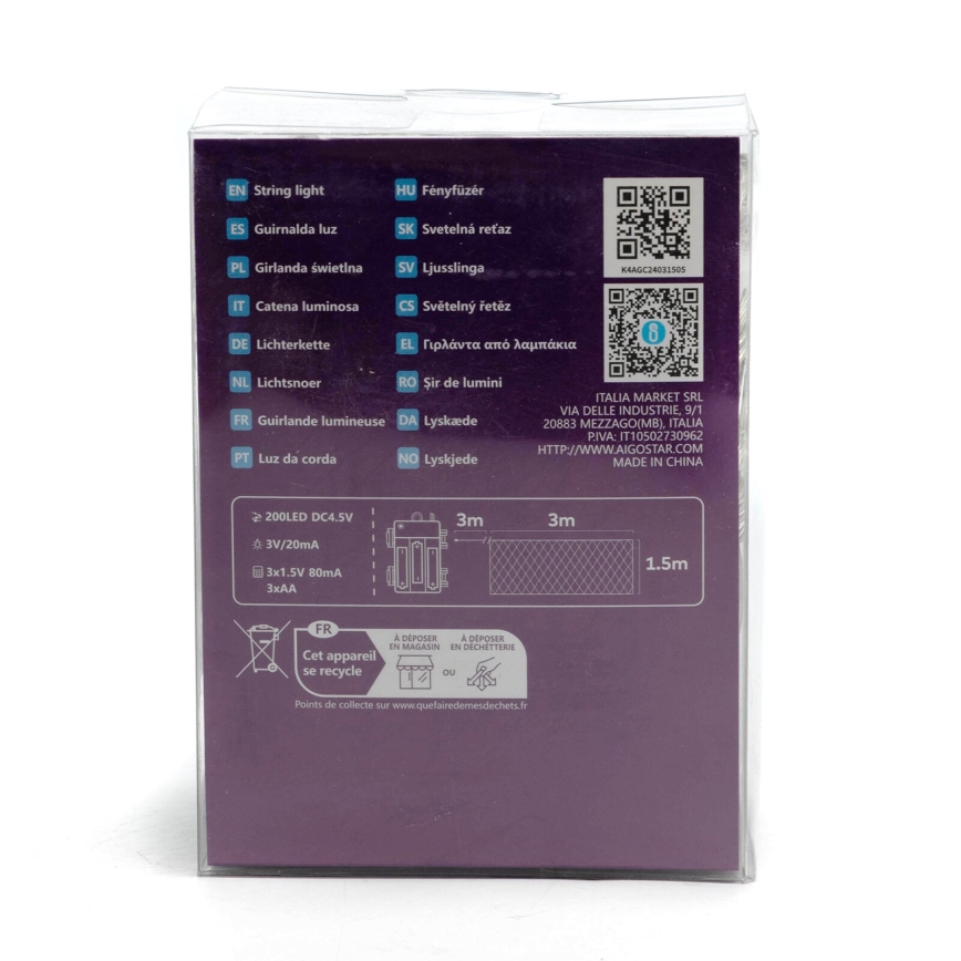 Aigostar - LED Zewnętrzny łańcuch bożonarodzeniowy 200xLED/8 funkcji 6x1,5m IP44 zimna biel