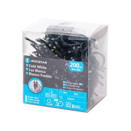 Aigostar - LED Zewnętrzny łańcuch bożonarodzeniowy 200xLED/8 funkcji 8m IP44 zimna biel
