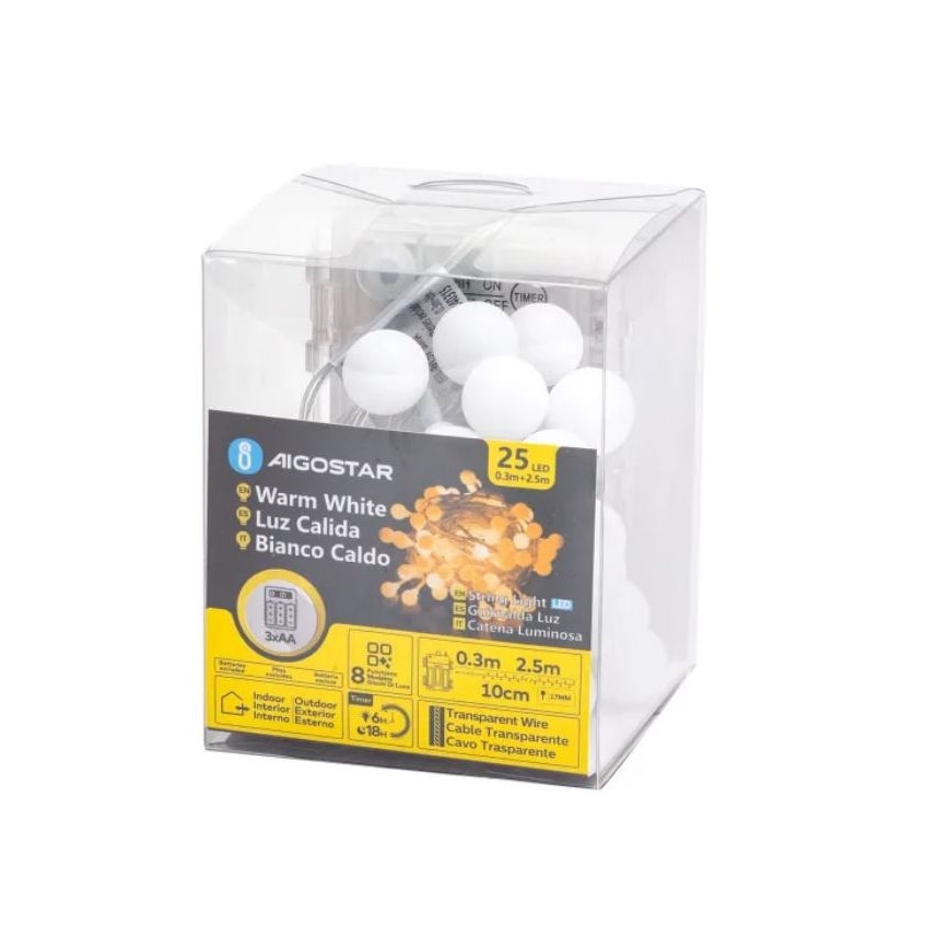 Aigostar-LED Zewnętrzny łańcuch bożonarodzeniowy 25xLED/3xAA/8 funkcji 2,8 m IP44 ciepła biel