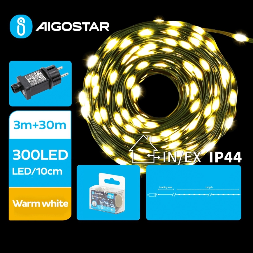 Aigostar - LED Zewnętrzny łańcuch bożonarodzeniowy 300xLED/8 funkcji 33m IP44 ciepła biel