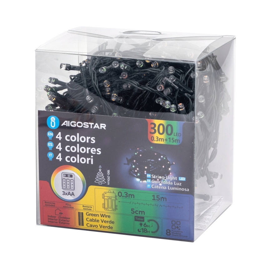 Aigostar -LED Zewnętrzny łańcuch bożonarodzeniowy 300xLED/8 funkcji 3xAA 15,3m IP44 wielobarwny