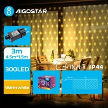 Aigostar - LED Zewnętrzny łańcuch bożonarodzeniowy 300xLED/8 funkcji 7,5x1,5m IP44 ciepła biel