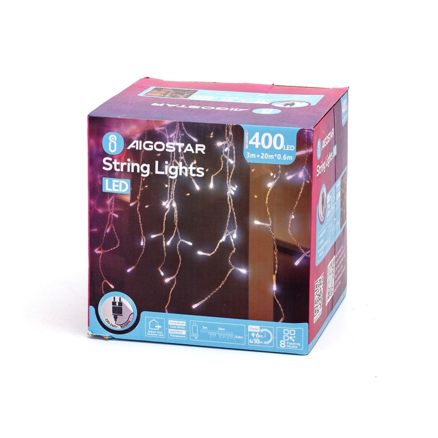 Aigostar - LED Zewnętrzny łańcuch bożonarodzeniowy 400xLED/8 funkcji 23x0,6m IP44 zimna biel