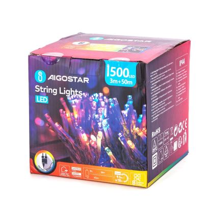 Aigostar - LED Zewnętrzny łańcuch bożonarodzeniowy 500xLED/8 funkcji 53m IP44 wielobarwny