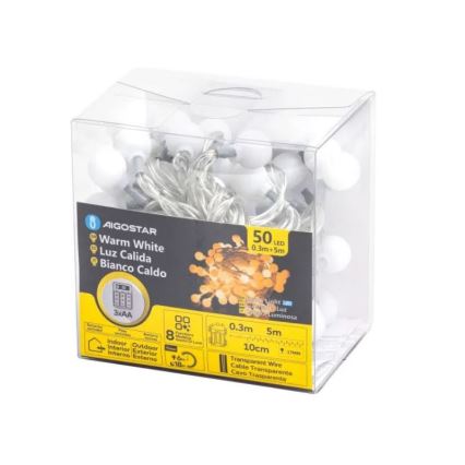 Aigostar - LED Zewnętrzny łańcuch bożonarodzeniowy 50xLED/3xAA/8 funkcji 5,3 m IP44 ciepła biel