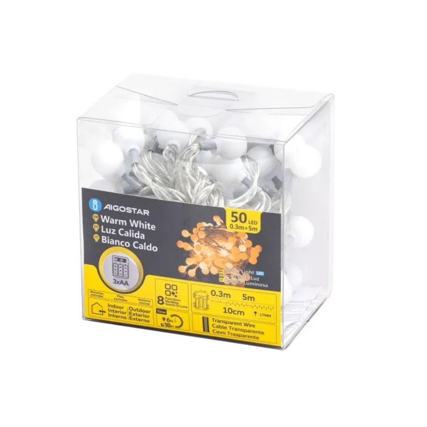 Aigostar - LED Zewnętrzny łańcuch bożonarodzeniowy 50xLED/3xAA/8 funkcji 5,3 m IP44 ciepła biel