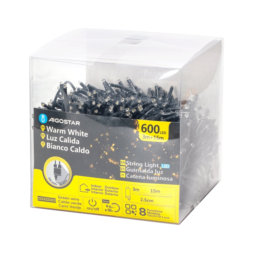 Aigostar - LED Zewnętrzny łańcuch bożonarodzeniowy 600xLED/8 funkcji 18m IP44 ciepła biel