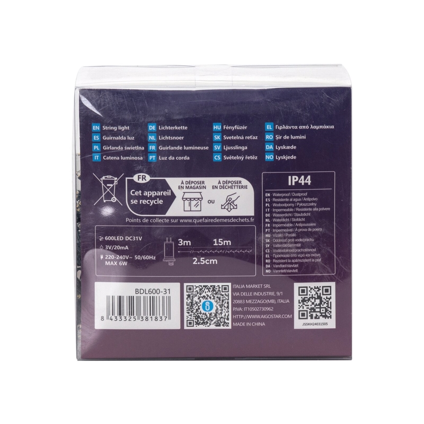 Aigostar - LED Zewnętrzny łańcuch bożonarodzeniowy 600xLED/8 funkcji 18m IP44 ciepła biel