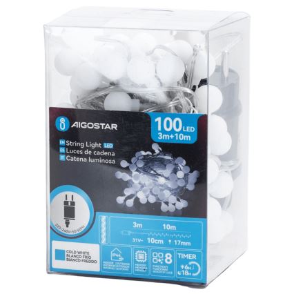 Aigostar - Zewnętrzny łańcuch dekoracyjny 100 diod LED/8 trybów 10m IP44 zimna biała