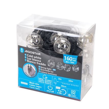 Aigostar - Zewnętrzny dekoracyjny łańcuch świetlny LED, 160 diod, 10 m, IP44, zimna biel