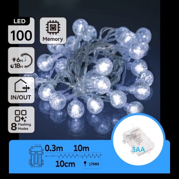 Aigostar - LED zewnętrzny łańcuch świąteczny 100 diod LED/3xAA/8 funkcji 10,3 m IP44 zimna biel