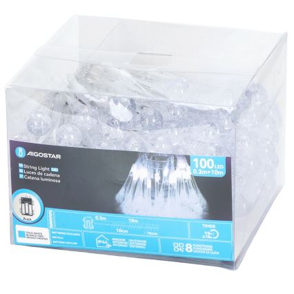 Aigostar - Zewnętrzny świąteczny łańcuch LED 100 diod, 8 trybów, zasilanie 3×AA, długość 10 m, IP44, zimnobiałe światło, kształt kropli