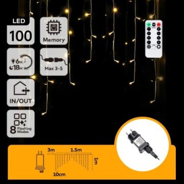 Aigostar - LED Zewnętrzny łańcuch świąteczny 100xLED/6W/230V/8funkcji 1,5x1m IP44 ciepła biała + zdalne sterowanie
