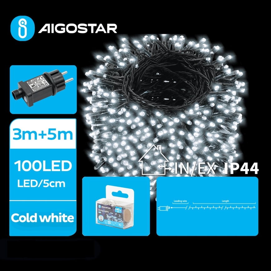 Aigostar - LED Zewnętrzny łańcuch świąteczny 100xLED/8 funkcje 8m IP44 zimna biel