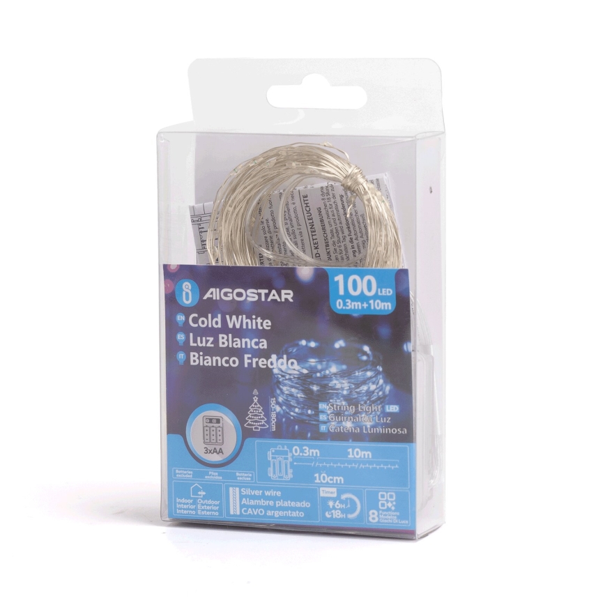 Aigostar - LED Zewnętrzny łańcuch świąteczny 100xLED/8 funkcji/3xAA 10,3m IP44 zimna biel