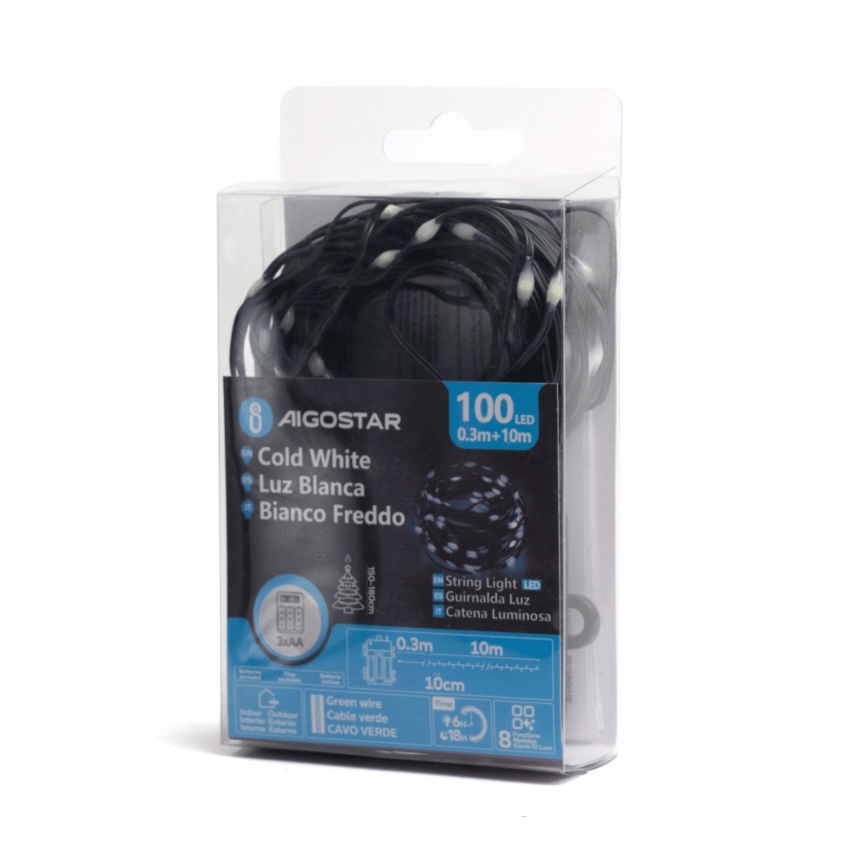 Aigostar - LED Zewnętrzny łańcuch świąteczny 100xLED/8 funkcji/3xAA 10,3m IP44 zimna biel