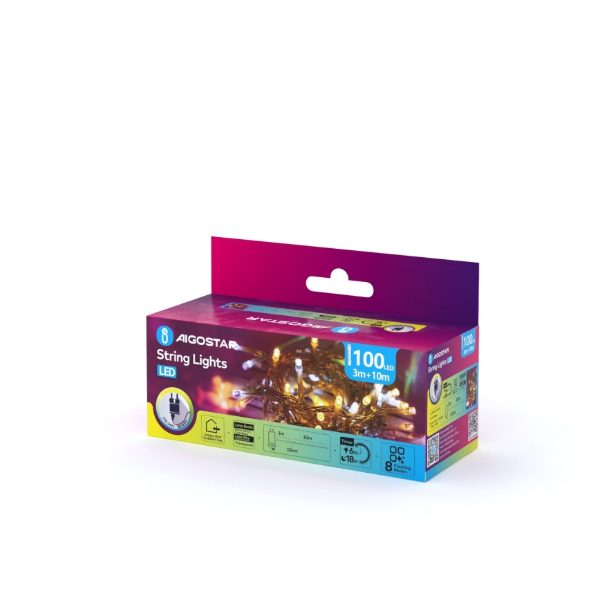 Aigostar - LED Zewnętrzny łańcuch świąteczny 100xLED/8 funkcji 13m IP44 ciepłe białe/zimne białe