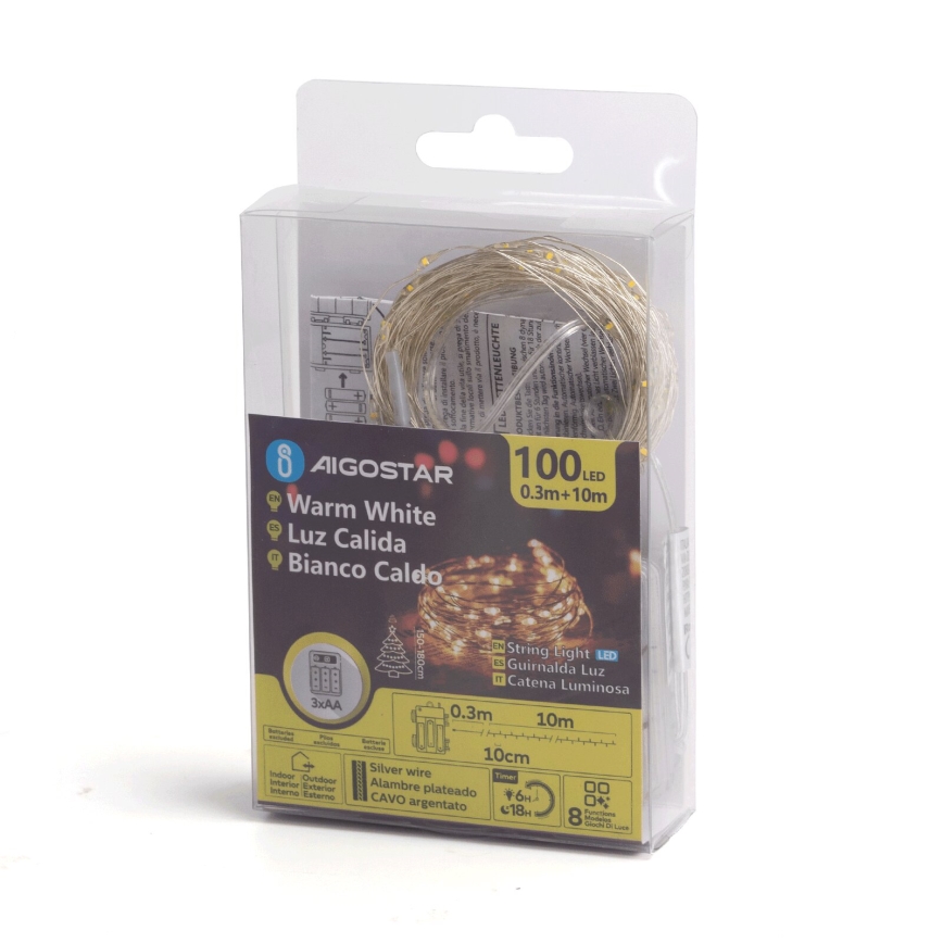 Aigostar -LED Zewnętrzny łańcuch świąteczny 100xLED/8 funkcji 3xAA 10,3m IP44 ciepła biała