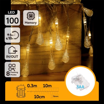 Aigostar - LED zewnętrzny łańcuch świąteczny 100xLED/8 funkcji 3xAA 10 m IP44 ciepła biała krople