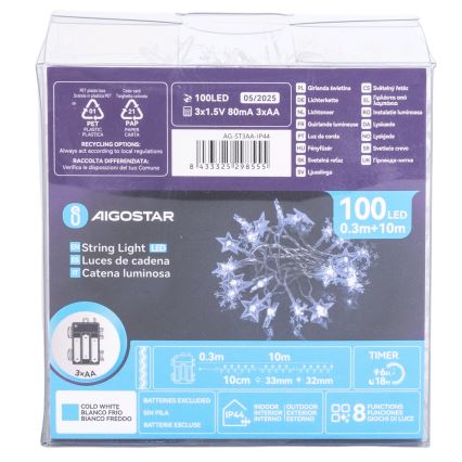 Aigostar - LED zewnętrzny łańcuch świąteczny 100xLED/8 funkcji 3xAA 10 m IP44 zimna biel