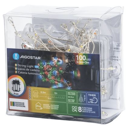 Aigostar - LED zewnętrzny łańcuch świąteczny 100xLED/8 funkcji 3xAA 3,3m IP44 wielokolorowy