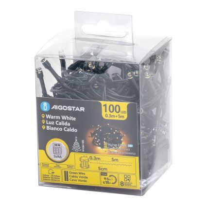 Aigostar - Zewnętrzny łańcuch świąteczny LED 100xLED/8 funkcji 3xAA 5,3 m IP44 ciepła biała