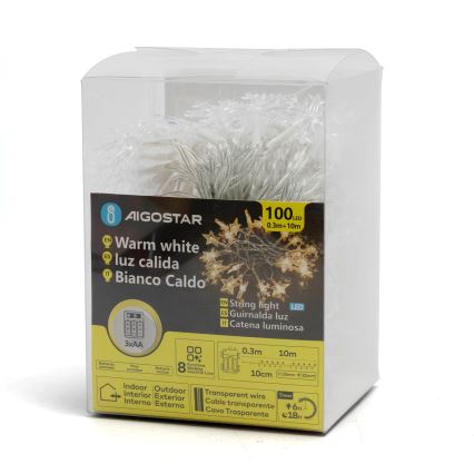 Aigostar - LED zewnętrzny łańcuch świąteczny 100xLED/8 funkcji 3xAA 10m IP44 ciepła biała gwiazdy