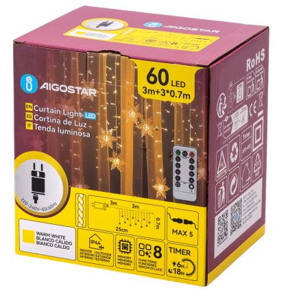 Aigostar - LED Zewnętrzny łańcuch świąteczny 120xLED/8 funkcji 3x0,7m IP44 ciepła biała + pilot zdalnego sterowania
