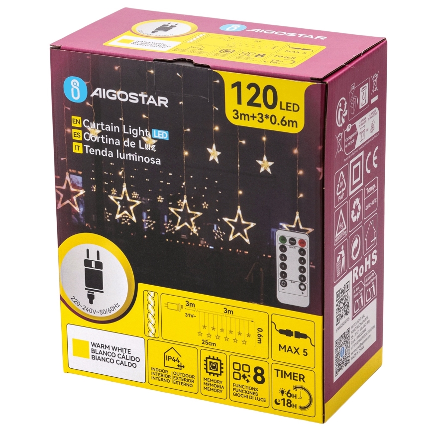 Aigostar - LED zewnętrzne lampki świąteczne 120xLED/8 funkcji 3x0,6 m IP44 ciepła biała + zdalne sterowanie