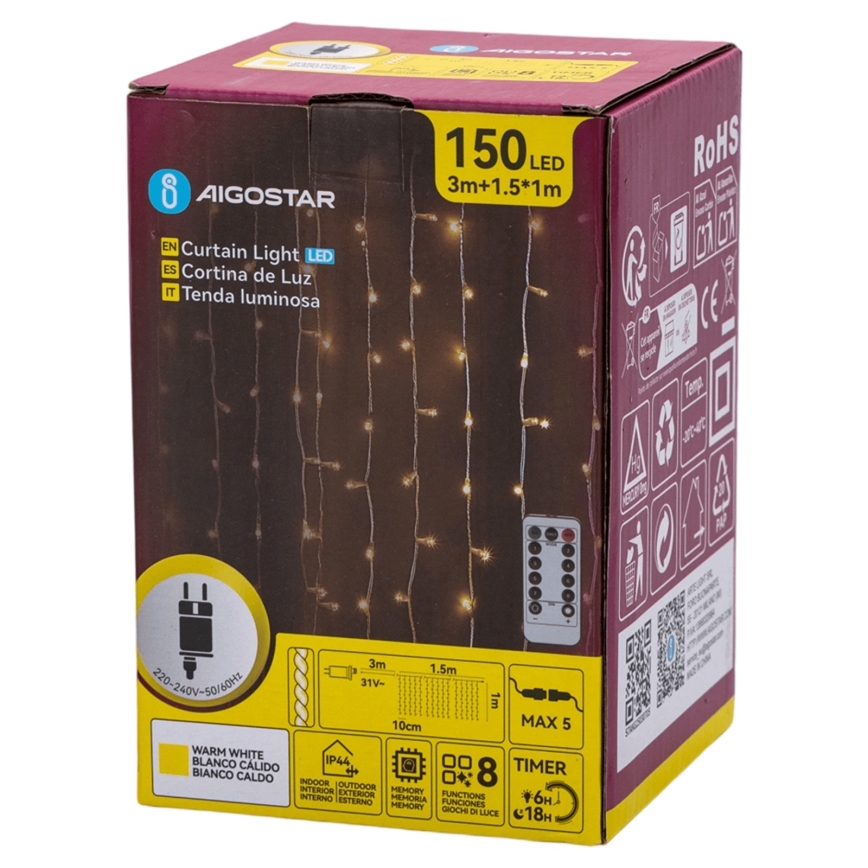 Aigostar - Zewnętrzne lampki świąteczne LED 150xLED/6W/230V/8 funkcji 1,5x1m IP44 ciepła biel + pilot zdalnego sterowania