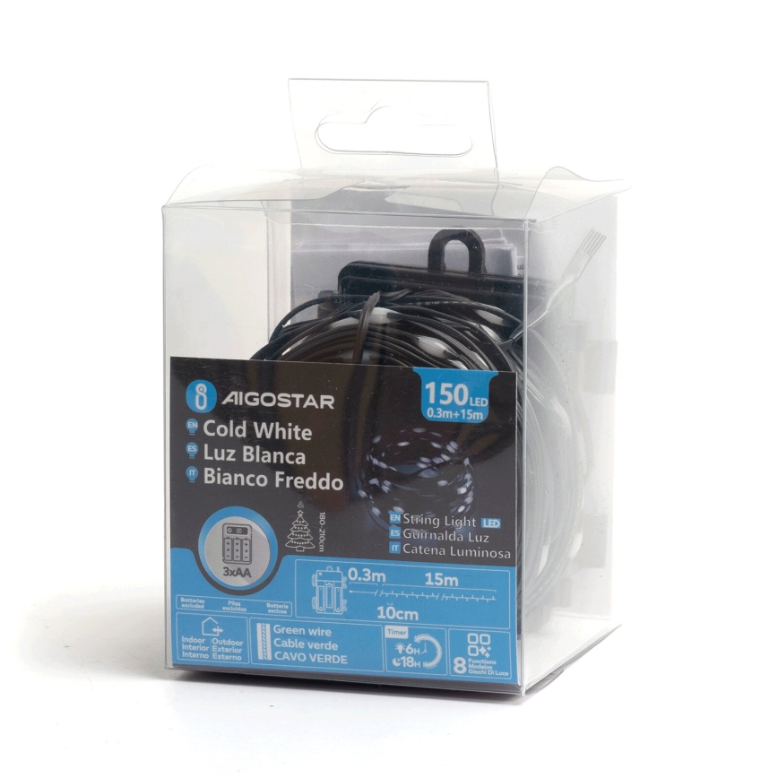 Aigostar - LED Zewnętrzny łańcuch świąteczny 150xLED/8 funkcji/3xAA 15,3m IP44 zimna biel