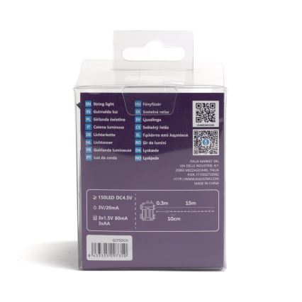 Aigostar - LED Zewnętrzny łańcuch świąteczny 150xLED/8 funkcji/3xAA 15,3m IP44 zimna biel