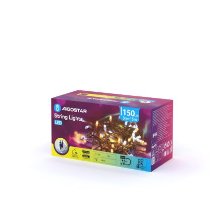 Aigostar - zewnętrzne lampki świąteczne 150 diod LED/8 trybów 18 m IP44 ciepła biała/zimna biała