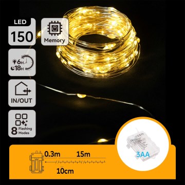 Aigostar - LED zewnętrzny łańcuch świąteczny 150xLED/8 funkcji 3xAA 15,3m IP44 ciepła biała