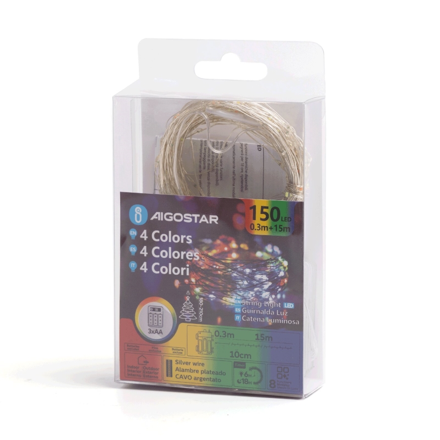 Aigostar - LED Zewnętrzny łańcuch świąteczny 150xLED/8 funkcji/3xAA 15,3m IP44 wielobarwny