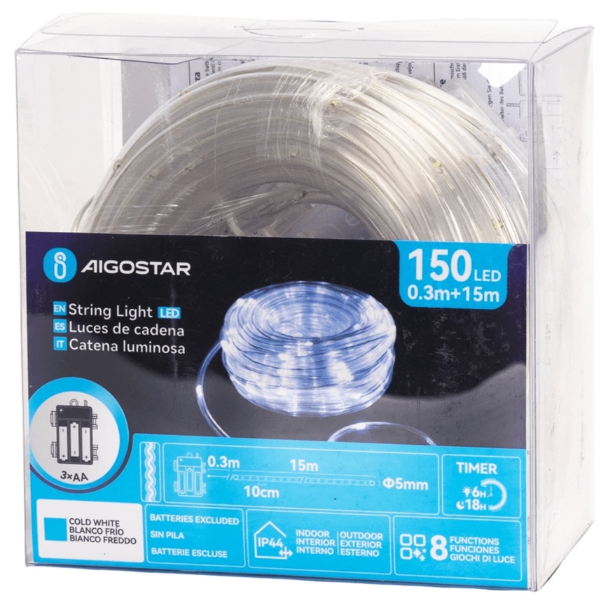 Aigostar - LED zewnętrzny łańcuch świąteczny 150xLED/8 funkcji 3xAA 15,3m IP44 zimna biel