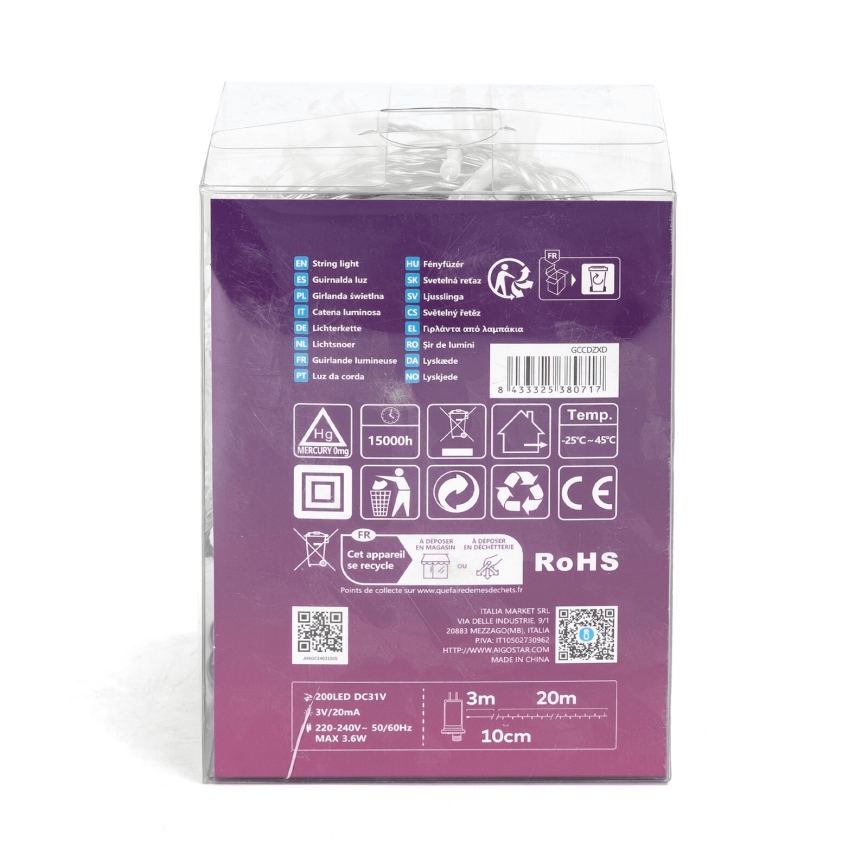 Aigostar - LED zewnętrzny łańcuch świąteczny 200 diod LED/8 funkcji 23m IP44 zimna biel