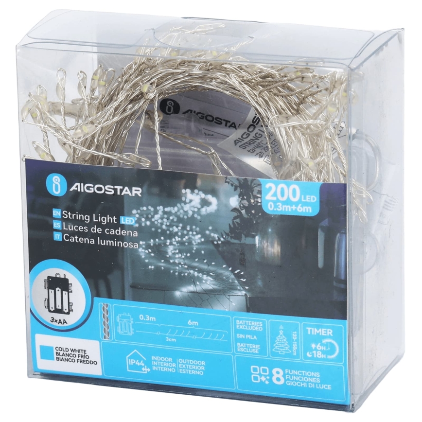 Aigostar - Zewnętrzny świąteczny łańcuch LED 200xLED/8 funkcji 3xAA 6,3m IP44 zimne białe światło