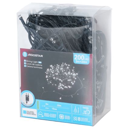Aigostar - Zewnętrzny łańcuch świąteczny LED, 200 diod LED / 8 trybów, 20 m, IP44, zimna biel